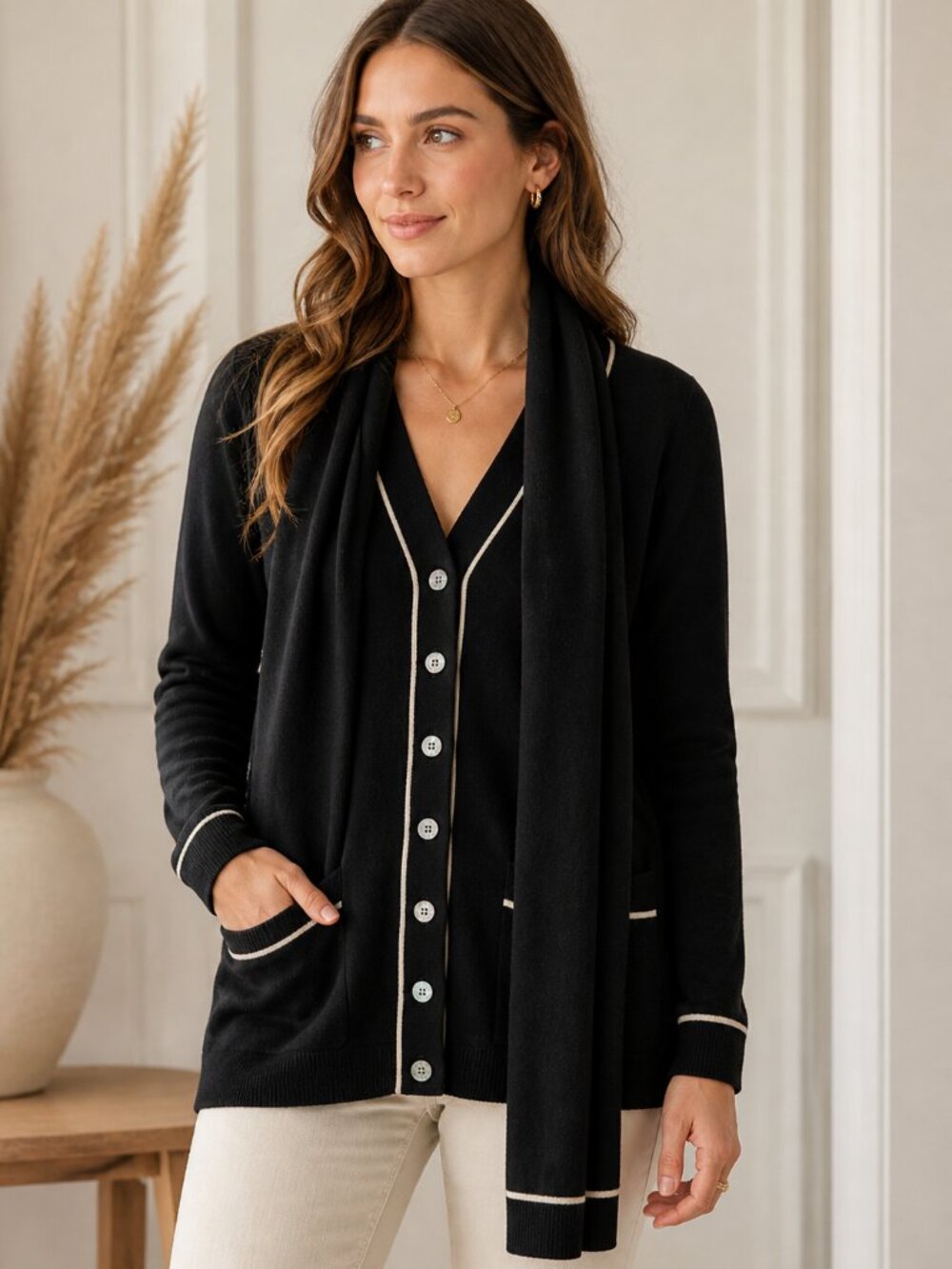 100% Cashmere Cardigan Sweater Medium Black Contrast Trim Attached Scarf